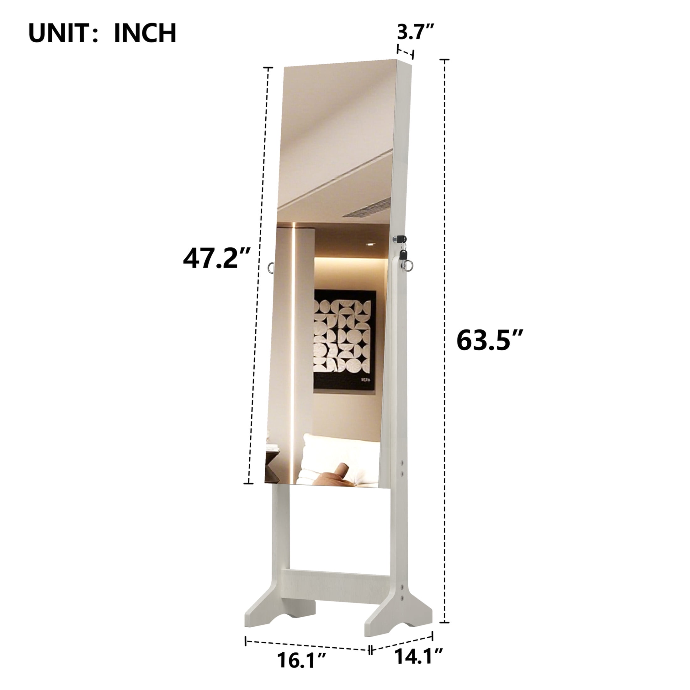 Noble House Standing Jewelry Armoire with Full Length Mirror, Lockable Lighted Organizer with Storage, White