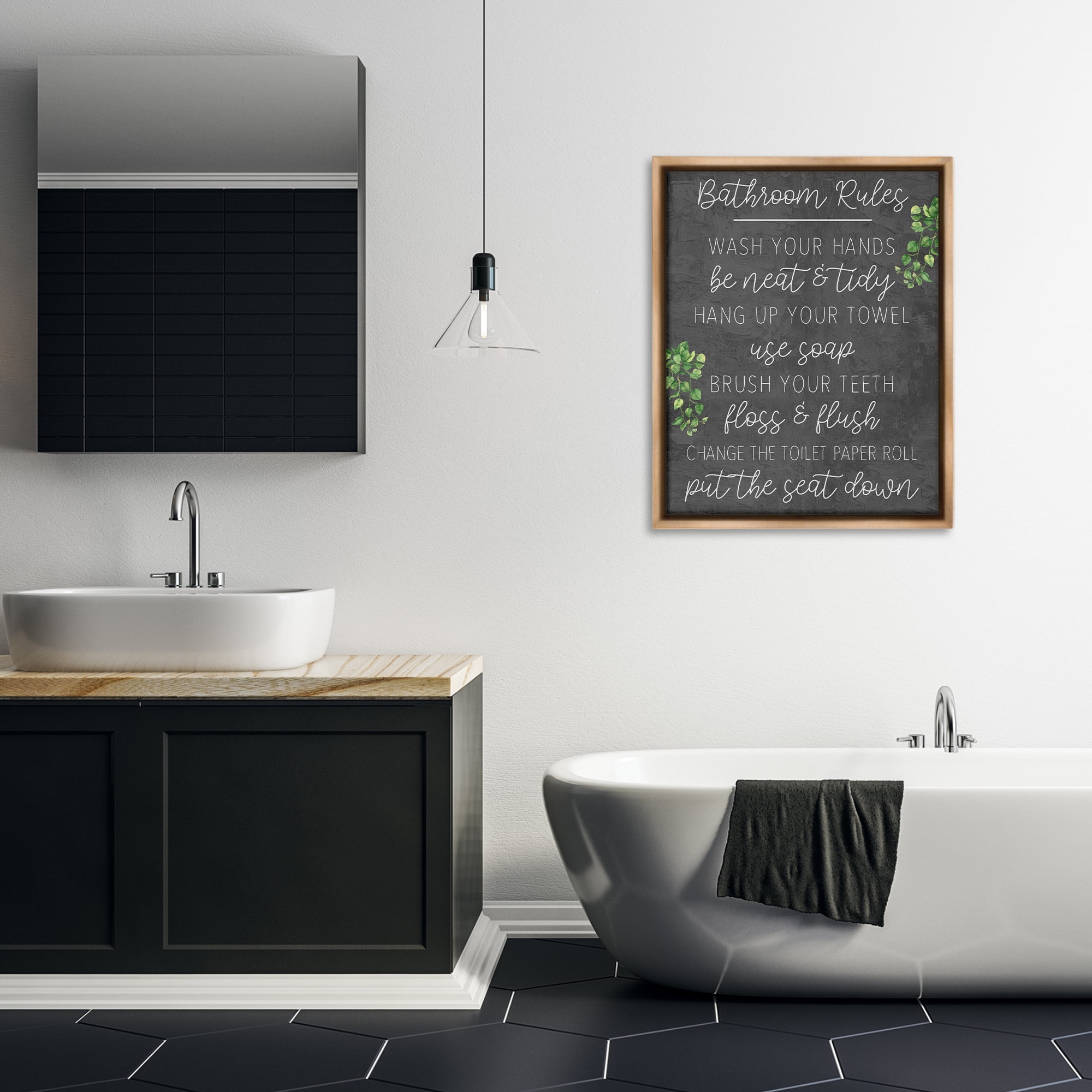 Stupell Industries Bathroom Rules with Greenery Bath & Laundry Painting Brown Floater Framed Canvas Art Print Wall Art, 25 x 31