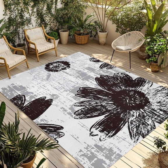 Fsddascl Black White Spring Floral Outdoor Rug for Patio/Deck/Porch, Non-Slip Large Area Rug 4 x 6 Ft, Summer Flowers Botanical Indoor Outdoor Rugs Washable Area Rugs, Reversible Camping Rug Carpet