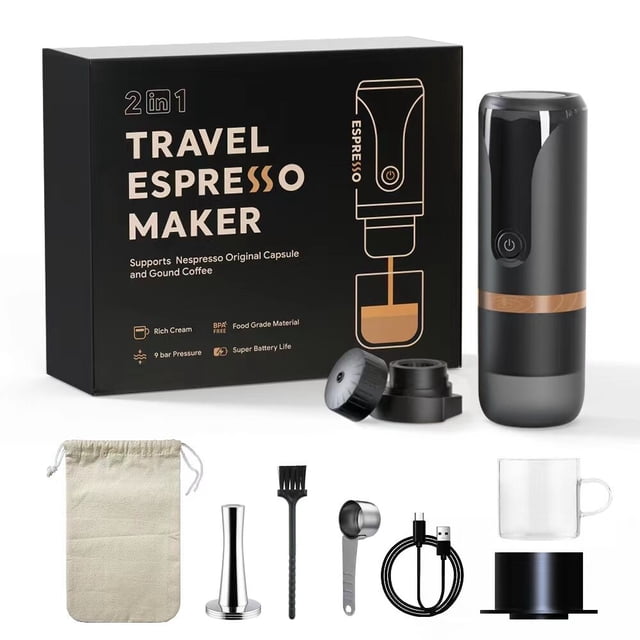Cafetera Máquina de café espresso portátil de 9 bares de presión recargable 2 en 1 pequeña cafetera de viaje compatible con cápsulas Nespresso café molido perfecto para viajes, camping, senderismo, of