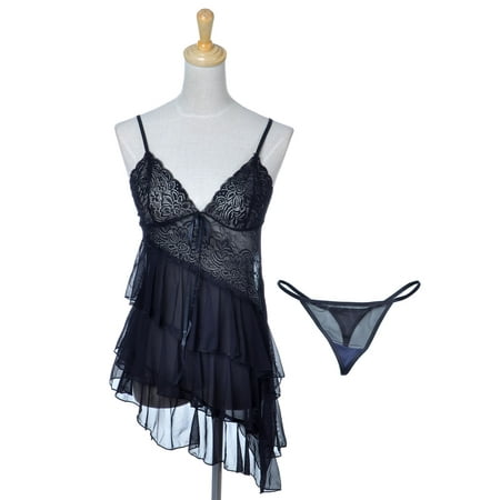 Black Negligee - Anna-Kaci S/M Fit Black Floral Multi-Tiered Ruffle Diagonal Hem Negligee w Thong