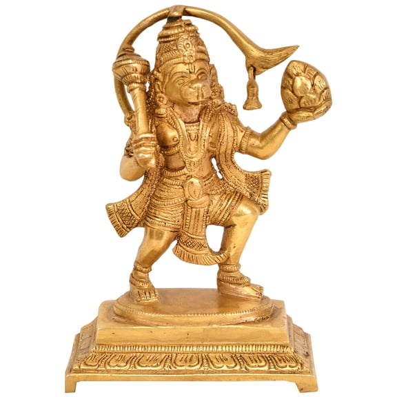 6" Handmade Brass Hanuman with Sanjeevani Herbs Statue for Puja Protection