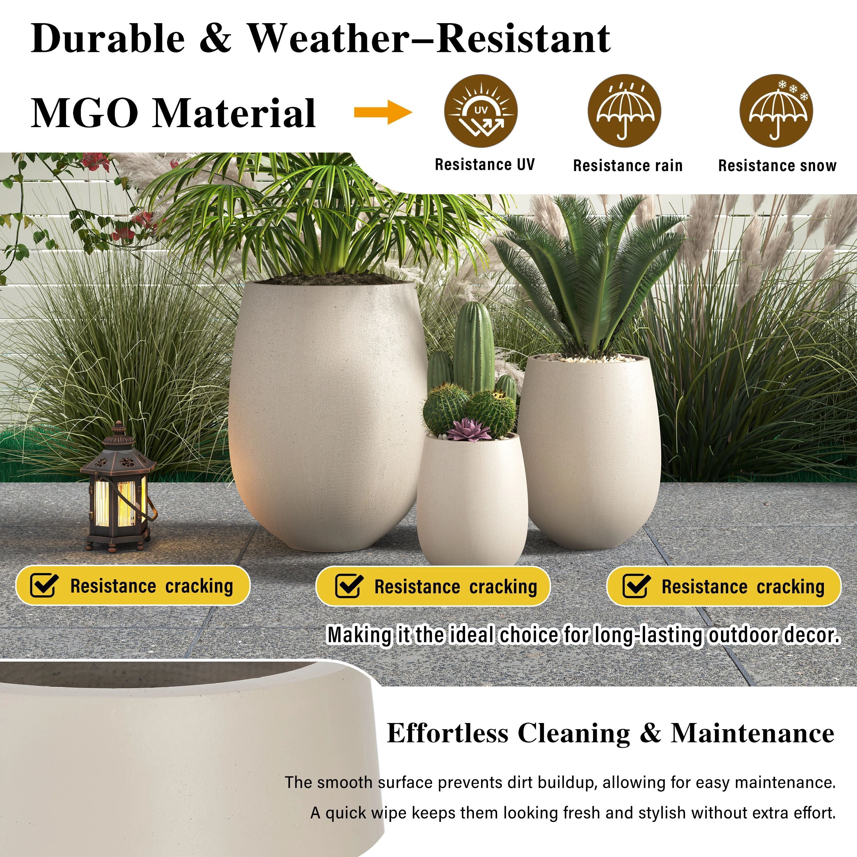 Euroco Round MGO Planter Set of 3(15.6"/10.7"/7.3" ), Large Outdoor Indoor Flower Pots with Drainage Holes,Modern Decorative Pots for Garden, Patio, Poolside,Home, Office