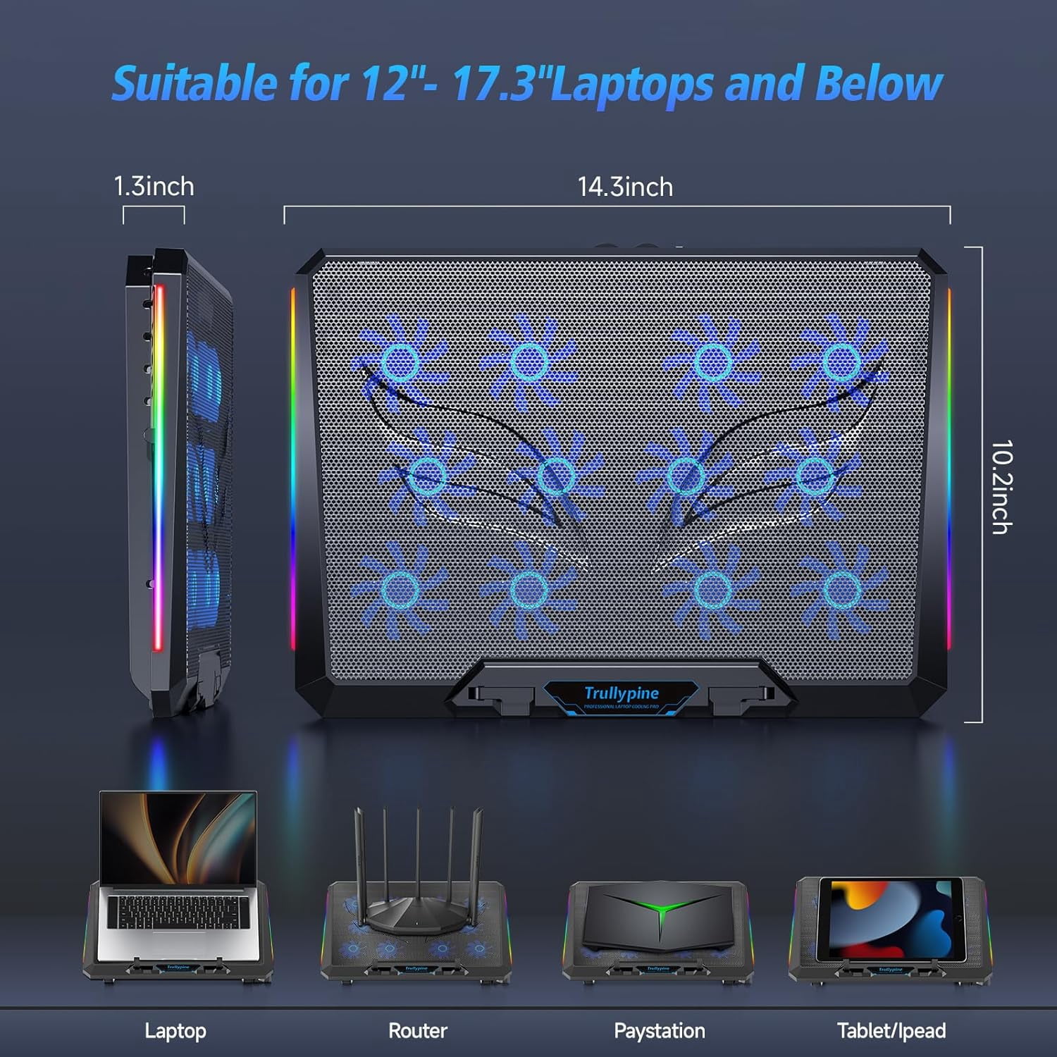 Laptop Cooling Pad with 12 Quiet Fans, Slim Portable for 12-17.3 Inch Cooler Stand 5 Height Adjustable, Ergonomic Gaming Fan Two USB Ports & Phone Holder (Gear)