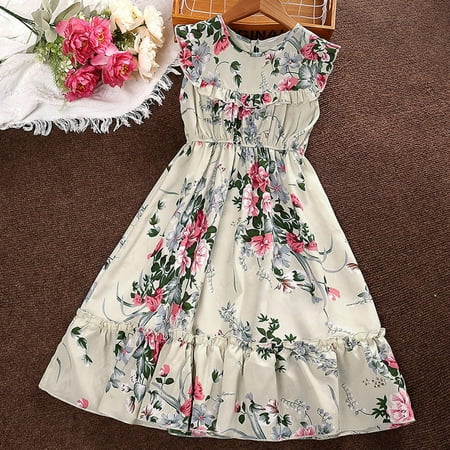 

Aayomet Princess Dresses For Girls Girls Child Sleeveless Flowers Prints Beach Sundress Party Dresses Princess Dress White 8 Years