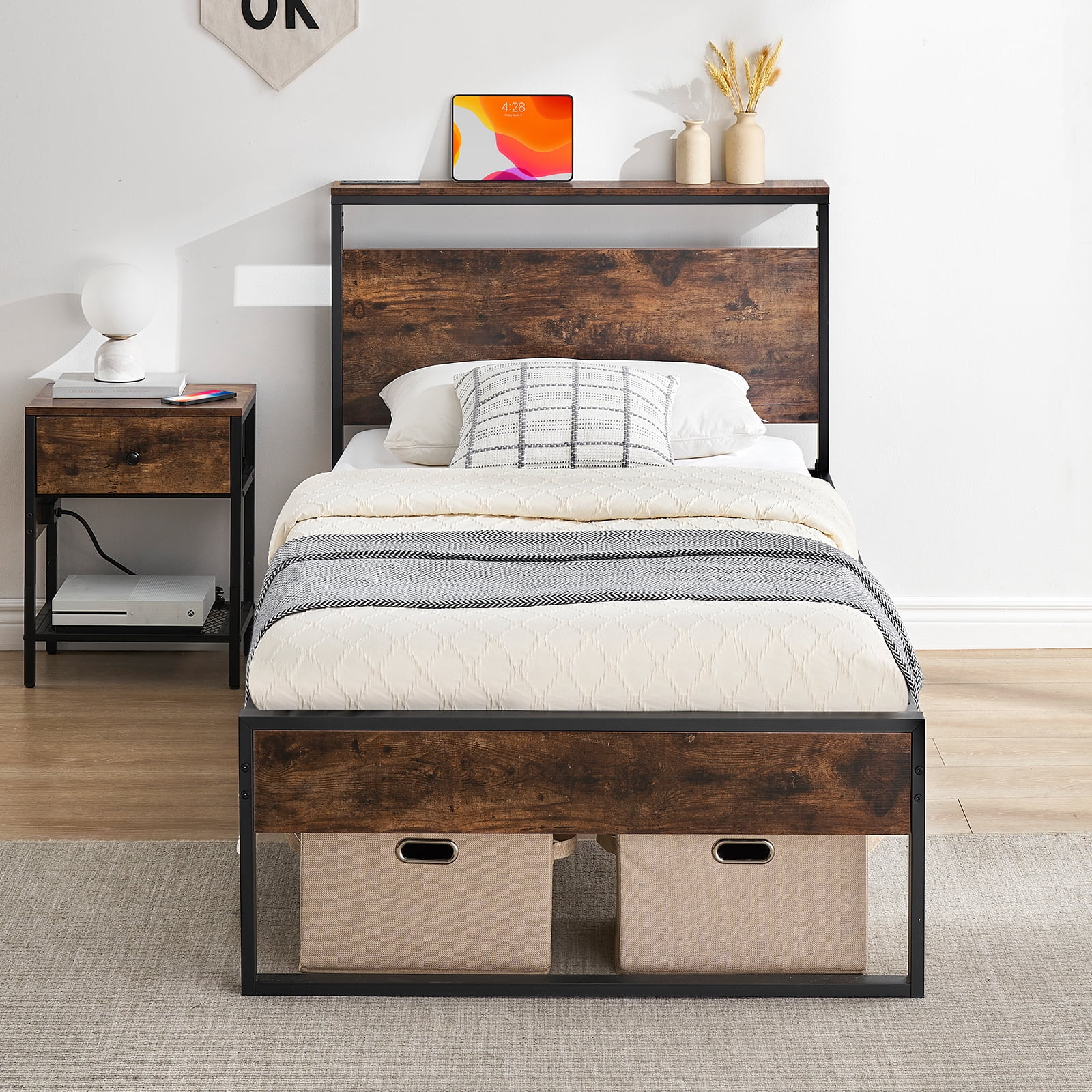 Behost 14" Twin Bed Frame with Headboard , Power Outlets Platform Beds for Bedroom, Rustic Brwon