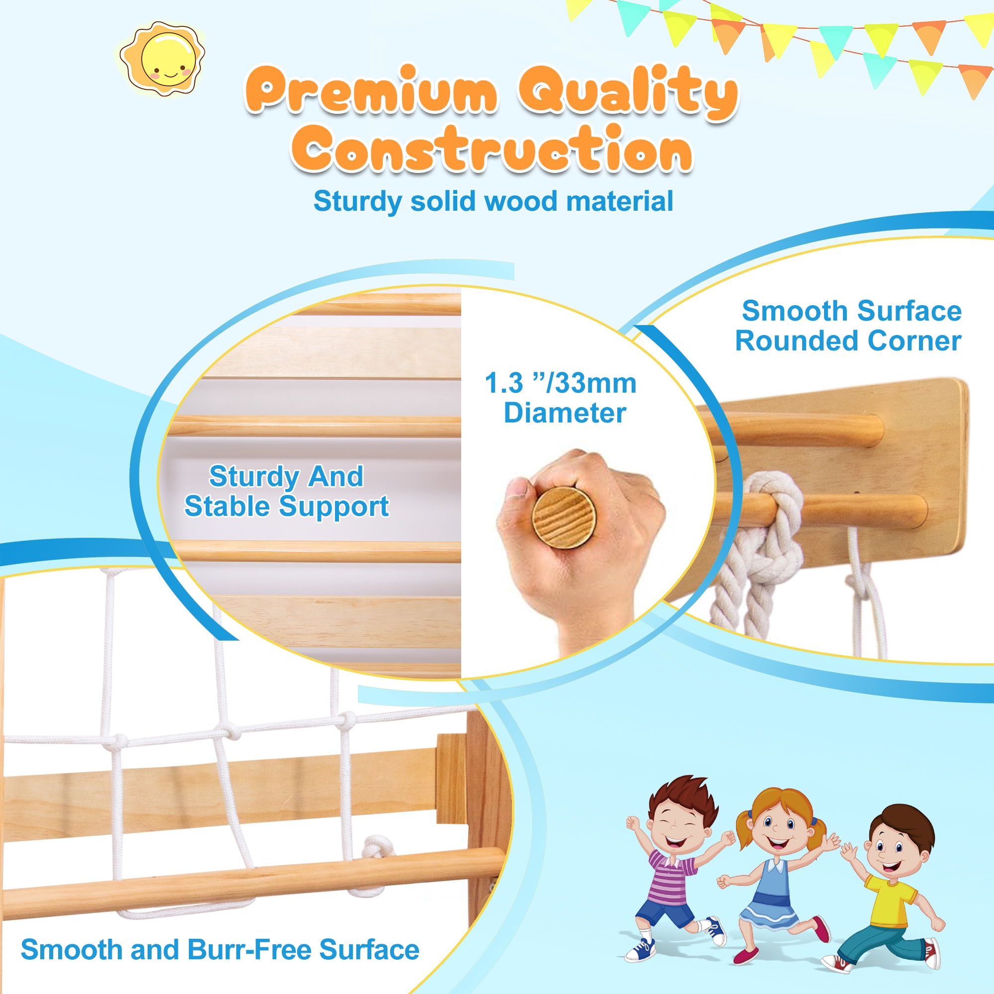 EUROCO 10-in-1 Wall-Mounted Wooden Playground Climbers, Indoor Jungle Gym for Kids, Ladder Wall Gym Set with Trapeze Swing, Rock Climbing Wall, Wooden Swings, Pull-up Bar and Rope Ladders