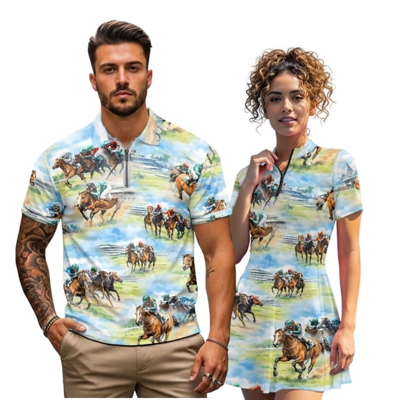Binienty Horse Racing Golf Apparel for Couple Athletic Fit Summer Golf Outfit Set Watercolor Men's Shirt Women's Short Sleeve Skirt Workout Sports Golf Outfit for Running Casual