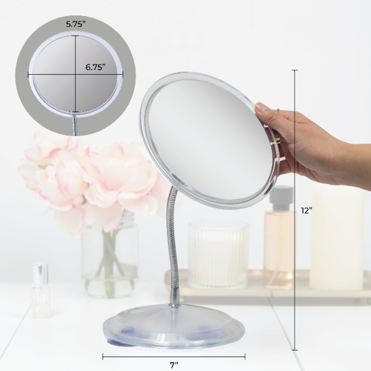 Zadro 7-Inch Round Makeup Mirror With 5X/1X Magnification - Vanity Mirror With Accessory Tray & Phone Holder, 360° Rotation, White/Black/Pink - View #4