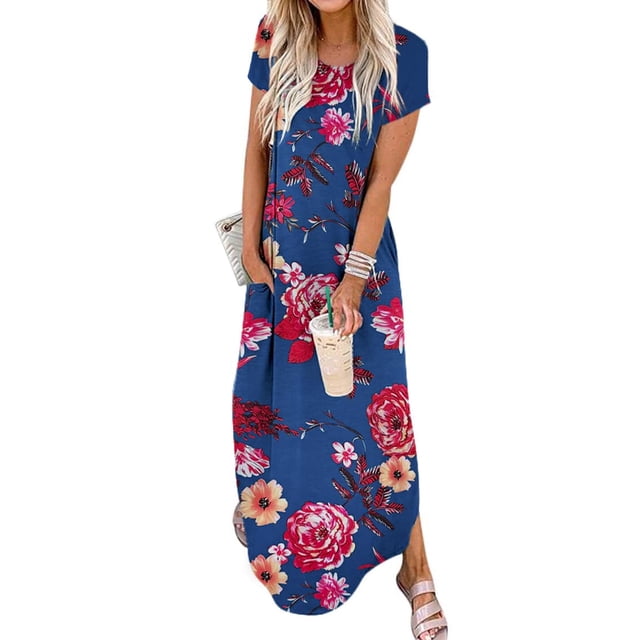 Vestido largo Jeqeocafy para mujer, verano 2025, cuello redondo con bolsillos