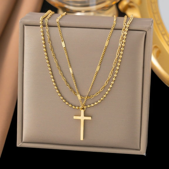 3pcs Cross 304 Stainless Steel Necklaces for Women Three Layer Chain Necklaces Golden 15.98 inch(40.6cm)