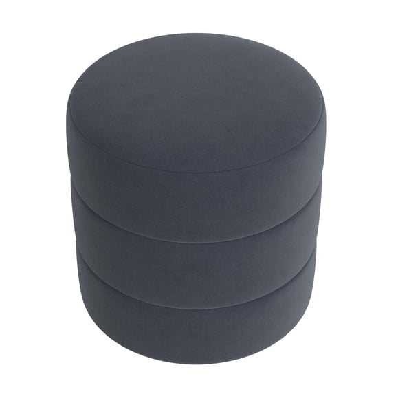Benjara Sem Round Accent Ottoman- Royal Blue Channel Stitched Velvet 18 Inch