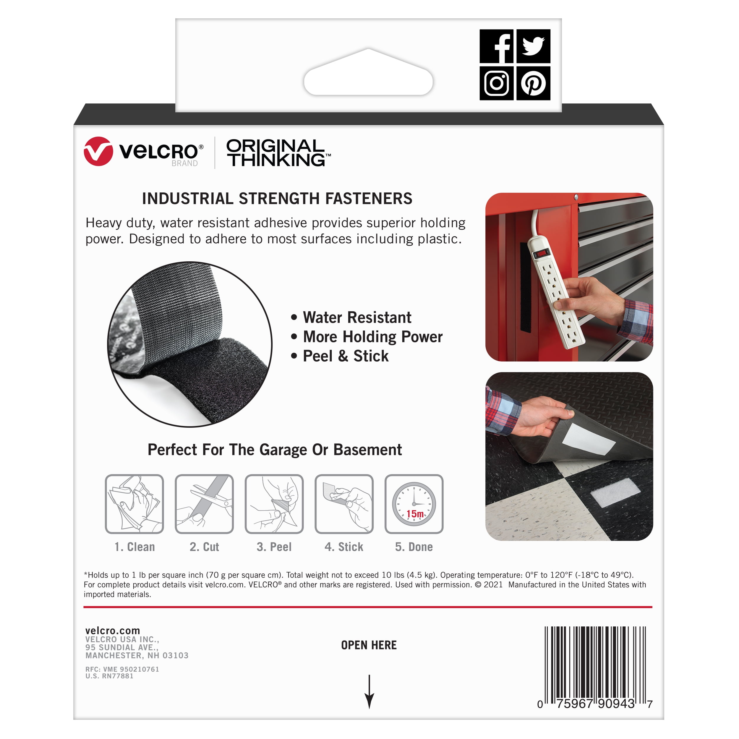 Velcro Industrial Adhesive Tape, 10' x 2'', Black, Holds 10 lbs (4.5Kg)