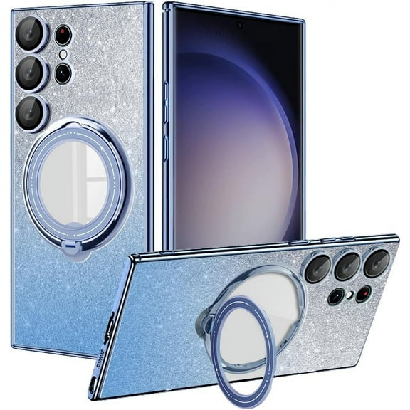 for Samsung Galaxy S22 Ultra Case Glitter with Rotatable Ring Stand Compatible with MagSafe, Plating Bling Clear Case with Camera Lens Protector Slim Phone Case for Women Girls (Sierra Blue)
