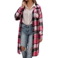 thumbnail image 2 of VXARARL Flannel Shirt for Women Lapel Button Down Long Sleeve Plaid Jacket Casual Long Fall Trench Coats with Pockets Hot Pink XL, 2 of 7