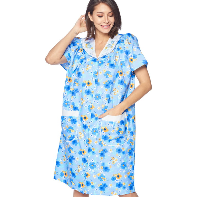 Casual Nights Women's Snap Front House Dress Short Sleeve Woven Duster  Housecoat Lounger Sleep Gown