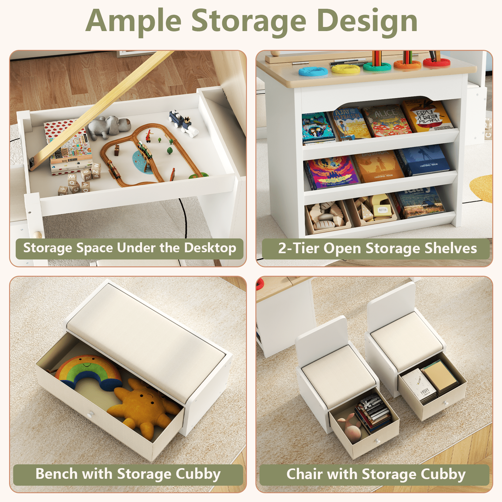 3 in 1 Kids Art Table and Chair Set, Art Desk with Storage Shelves and Drawers, Art Easel with Paint Cups, Paper Roll, Toddler Table and Chair Set w/ Bench & 2 Chairs for Draw, Write, Play, Crafts