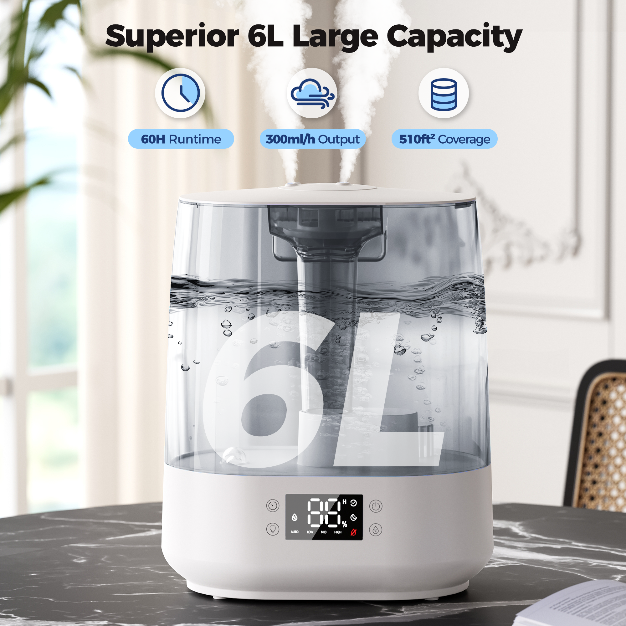 6L Humidifiers for Bedroom Baby Room, Cool Mist Ultrasonic Humidifier with Humidity Sensor, Top Fill 60H & 28dB Quiet Runtime, 8+1 Color Night Lights, 360° Dual Nozzle--Gray