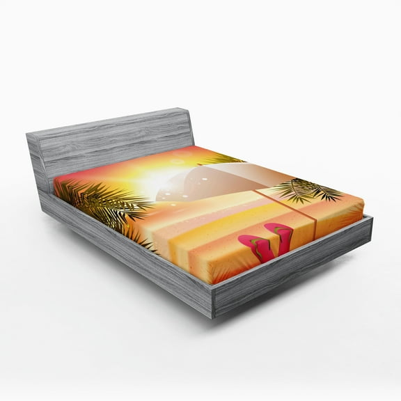 Ambesonne Orange Fitted Sheet, Summer Sunset on Beach, Full Size, Orange and Yellow