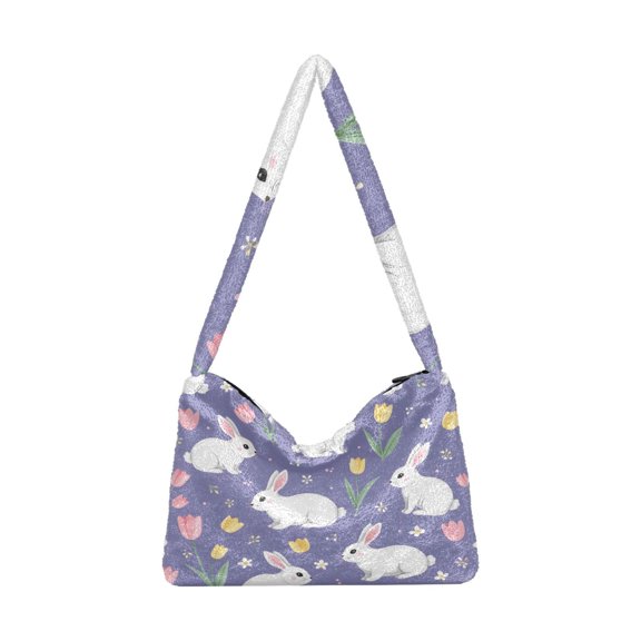 DIXRUYEE Rabbit Tulip Flowers Pattern Print Plush Shoulder Bag Soft Faux Fluffy Hobo Tote Bag With Zipper Closure Casual Lightweight Crossbody Handbag