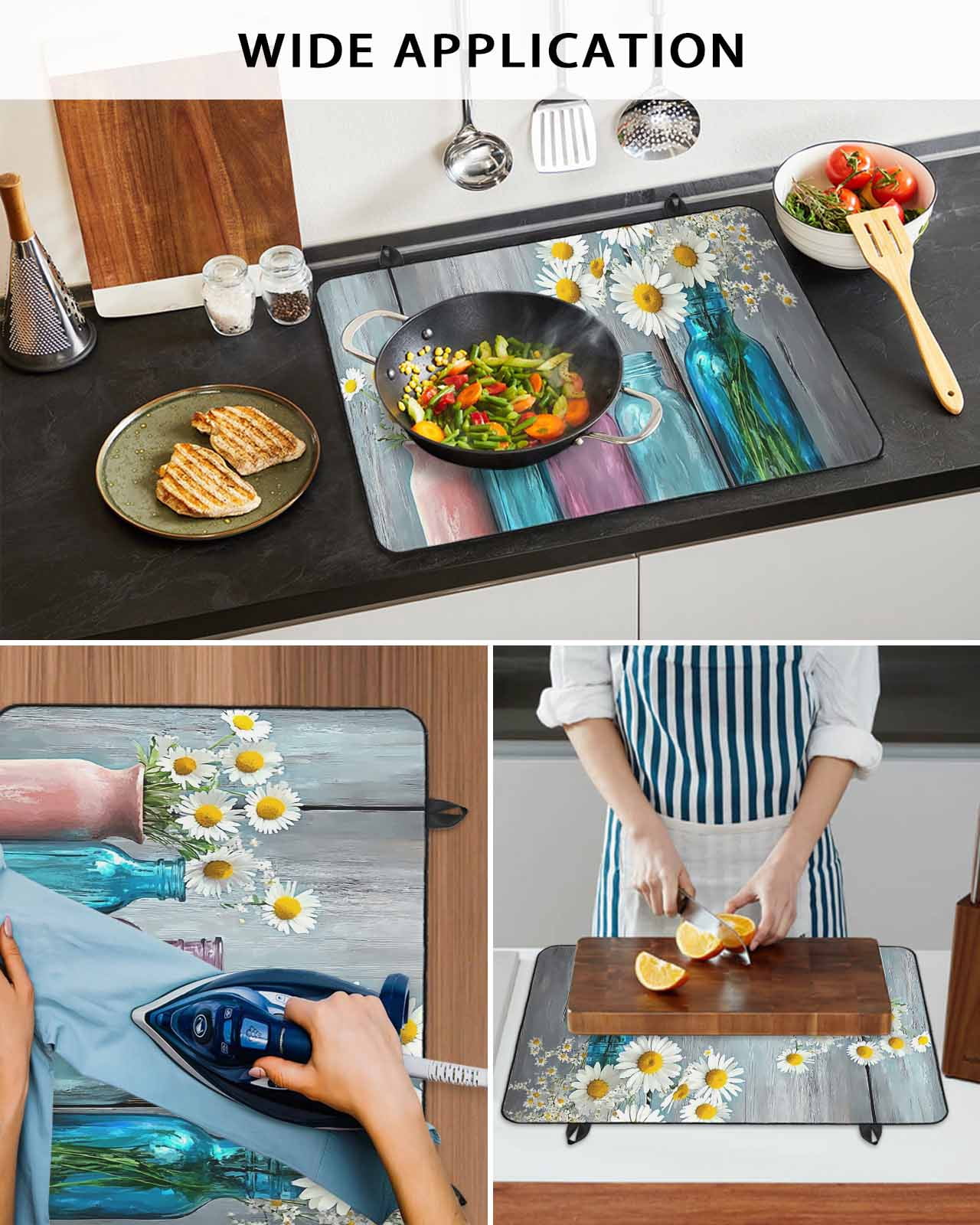 nqOlkjepod Large Induction Cooktop Protector Mat 36"x21", White Spring Floral Stove Top Covers for Electric Stove, Farmhouse Flowers Wooden Vintage Stove Burner Cover Mats, Glass Top Stove Cover
