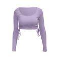 thumbnail image 5 of XFLWAM Women's Crew Neck Ruched Side Drawstring Crop Top Long Sleeve Ribbed Fitted Crop T-Shirt Cute Solid Color Bodycon Tops Purple S, 5 of 7