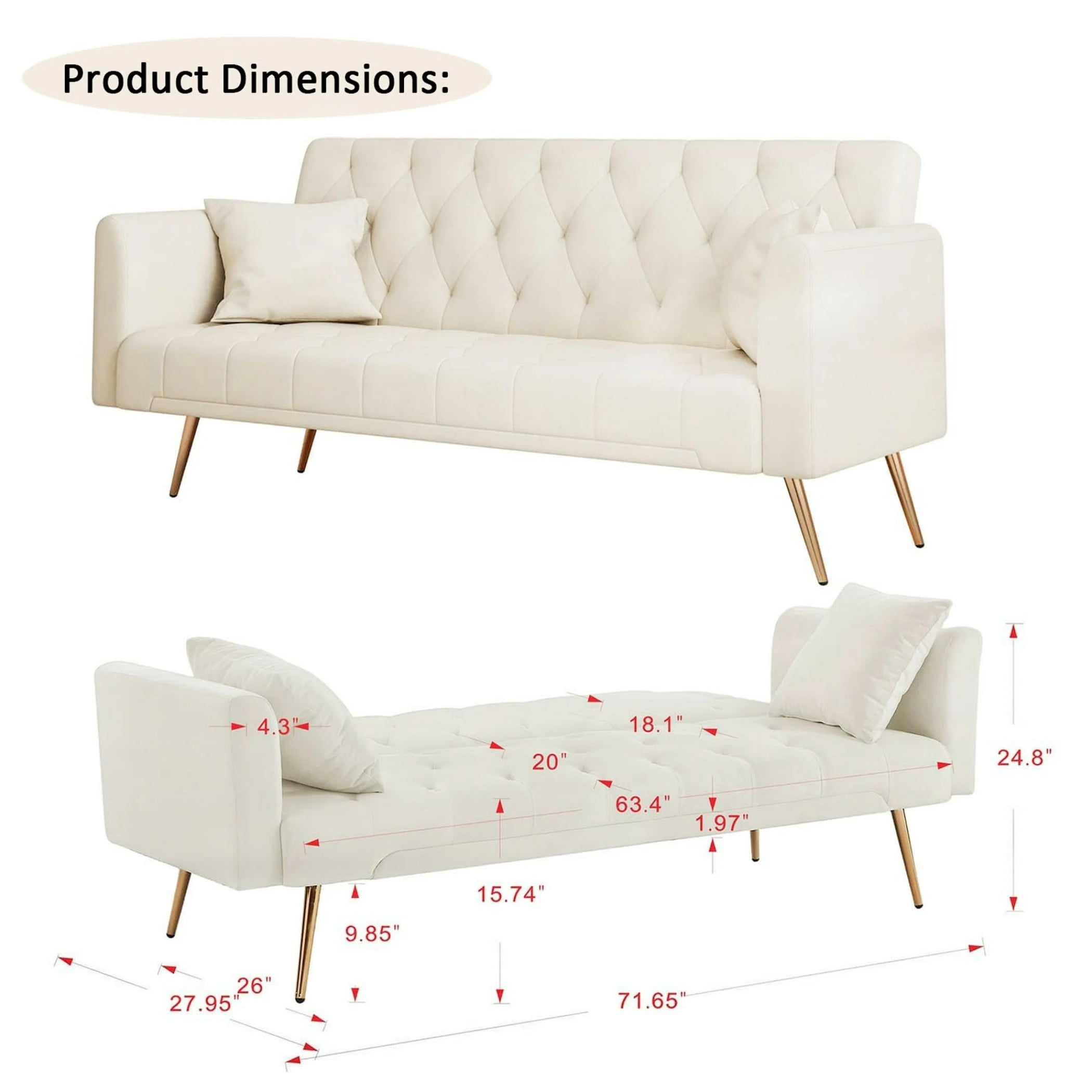 Leumius 71 Inches Velvet Futon Sofa Bed with 2 Pillows,Modern Convertible Futon Couch with Adjustable Backrest,Beige 02