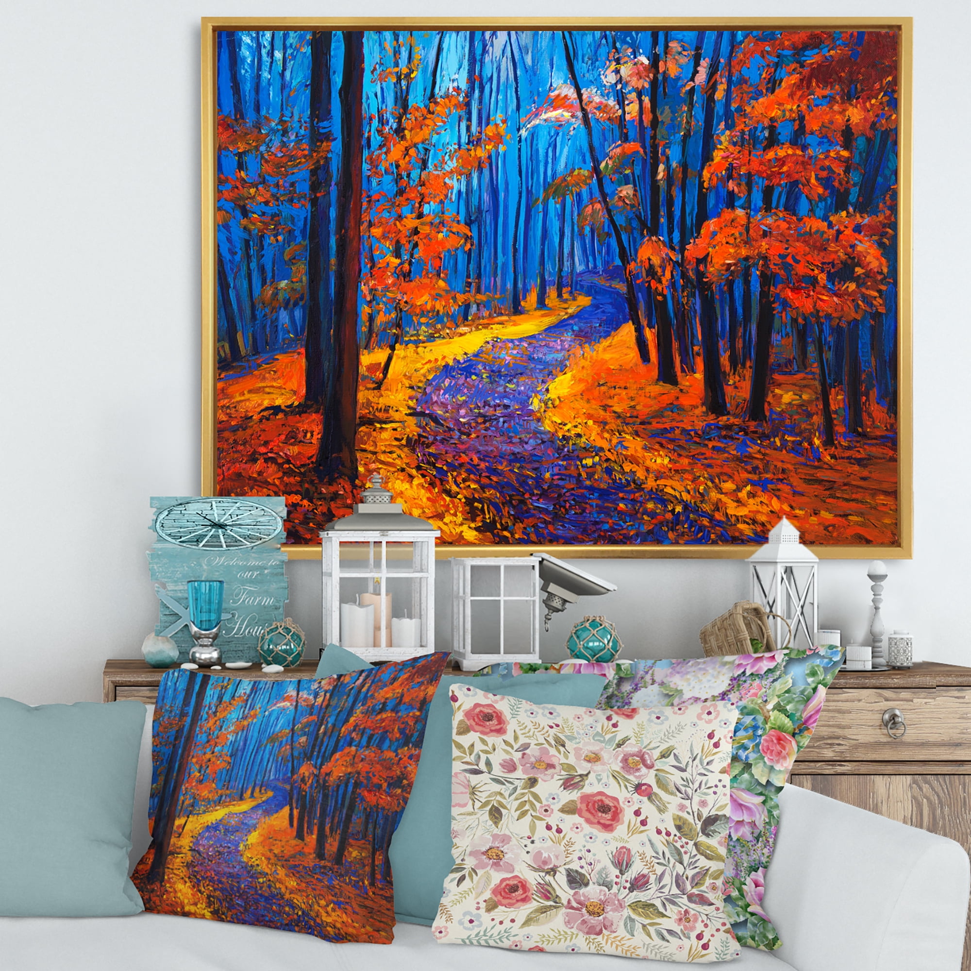 Designart 'Orange Autumn Landscape With Little Road I' Traditional Framed Canvas Wall Art Print