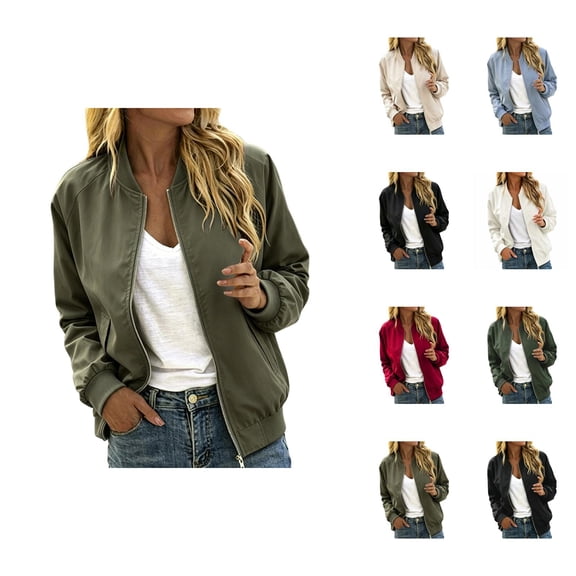 Zip Up Jackets for Women Long Sleeve Casual Lightweight Fall Coat Outerwear Bomber Jacket with Pockets
