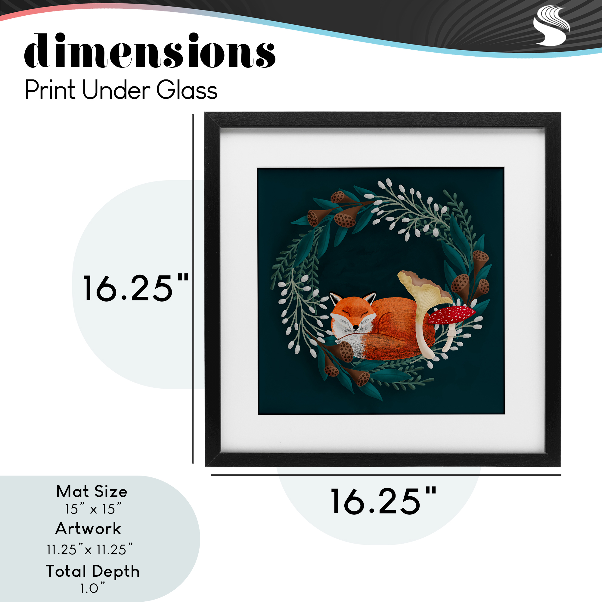 Sleepy Fox in Botanical Wreath Black Framed Print Under Glass, design by Metka Hiti