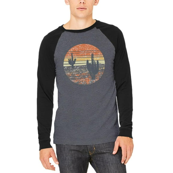 Vintage Cactus Sunset Adult Long Sleeve Raglan T-Shirt Heather Black-Black SM