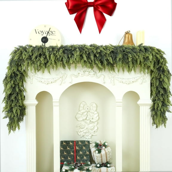 6FT 1Pcs Christmas Cedar Garland Artificial Realistic Soft Thick Green Faux Lush Cedar Pine Garland for Fireplace Mantel Stairs Doorframe Table Porch Indoor Outdoor Holiday Decor