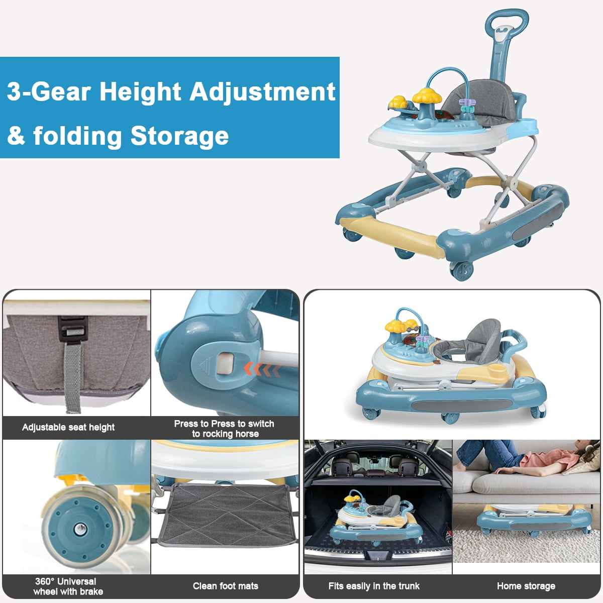 SIMANLI Baby Walker, 4 in 1 Foldable Walkers with Wheels & Removable Feeding Tray & Music Tray, Activity Push Walker for Baby Boys / Girls, Blue