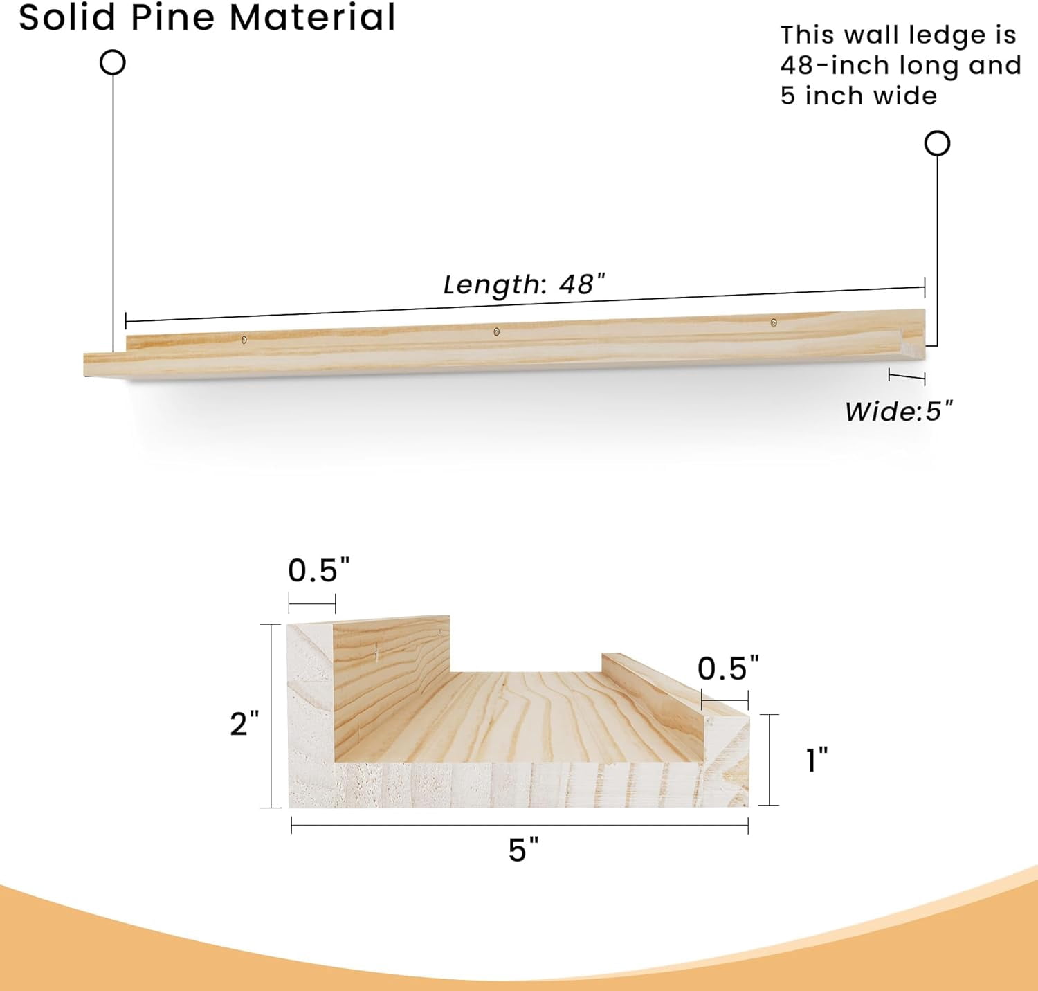 Long Floating Shelves for Wall, 48 inch Solid Wood Picture Ledge Shelf, Picture Shelf for Wall with Ledge, Floating Book Shelves for living room Bedroom Nursery Decor, Natural Unfinished, Set of 2