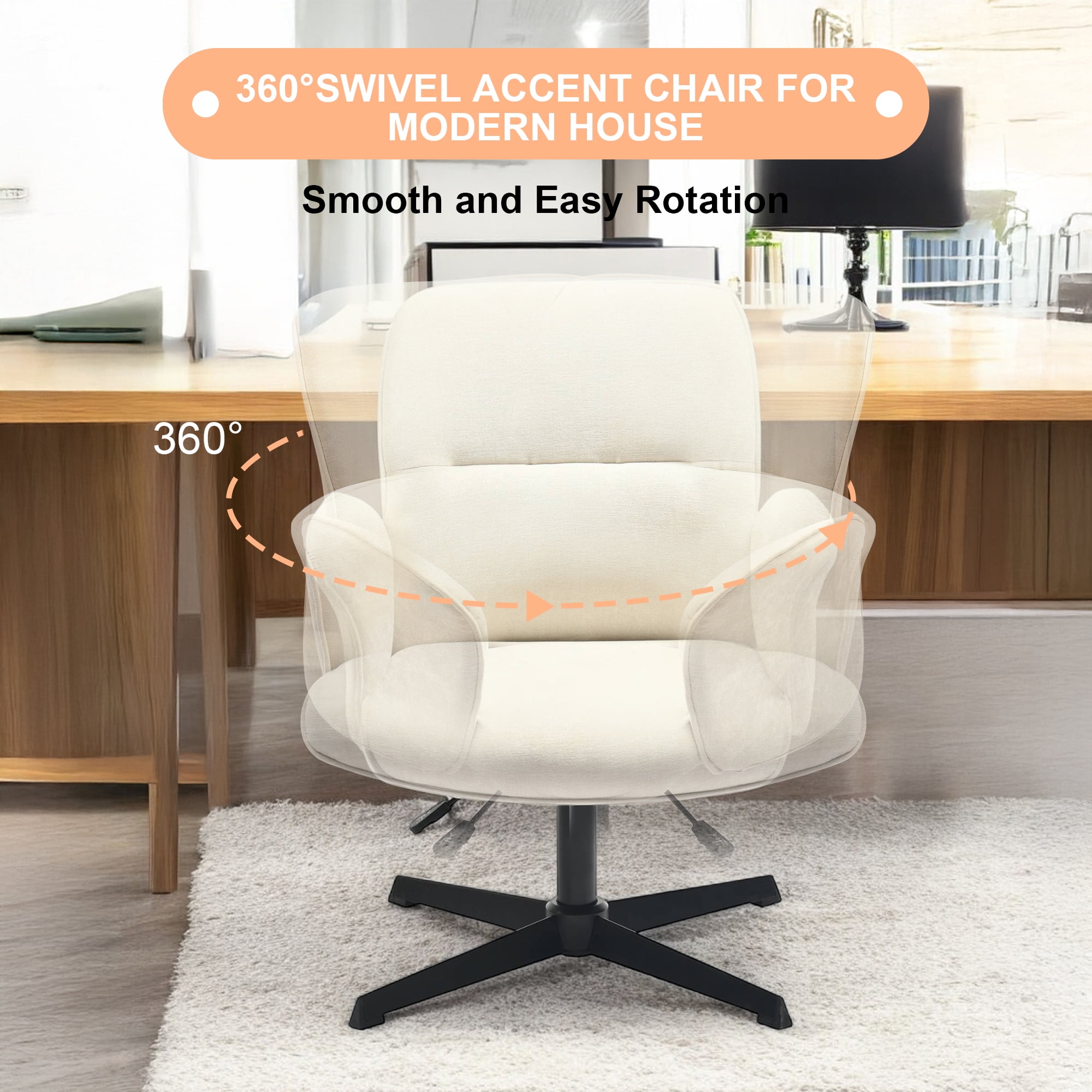 Homy Casa Off White Upholstered Swivel Desk Chair with Arms and Adjustable Height for Vanity