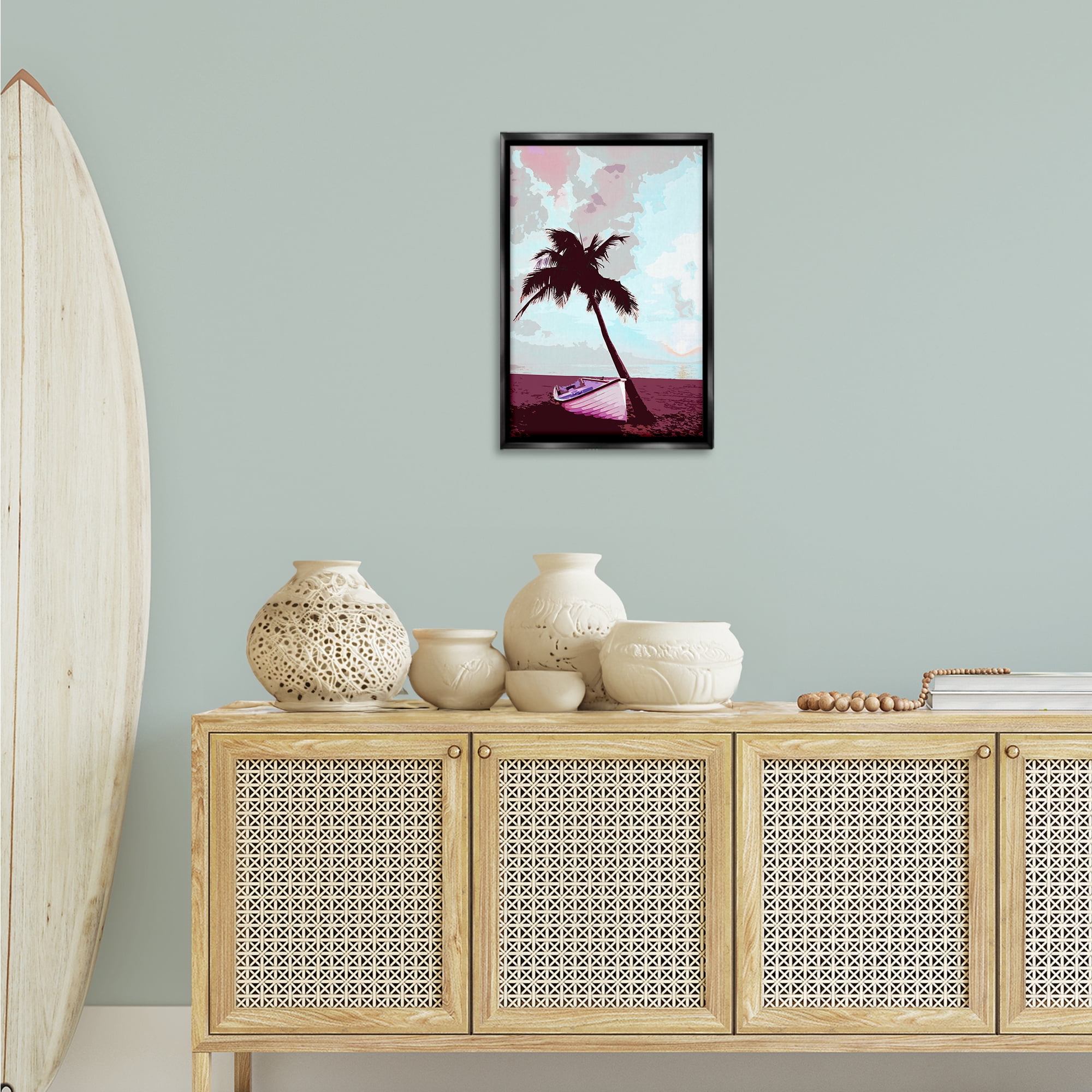 Stupell Industries Boat & Palm Tree Landscape Painting Black Floater Framed Canvas Art Print Wall Art, 17 x 25