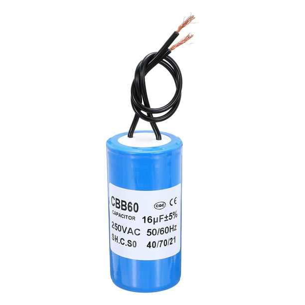 CBB60 16uf Capacitor de Arranque, 1Pcs AC 250V 2 Cables 50/60Hz Cilindro Azul 72x35mm para Bombas de Agua, Lavadoras