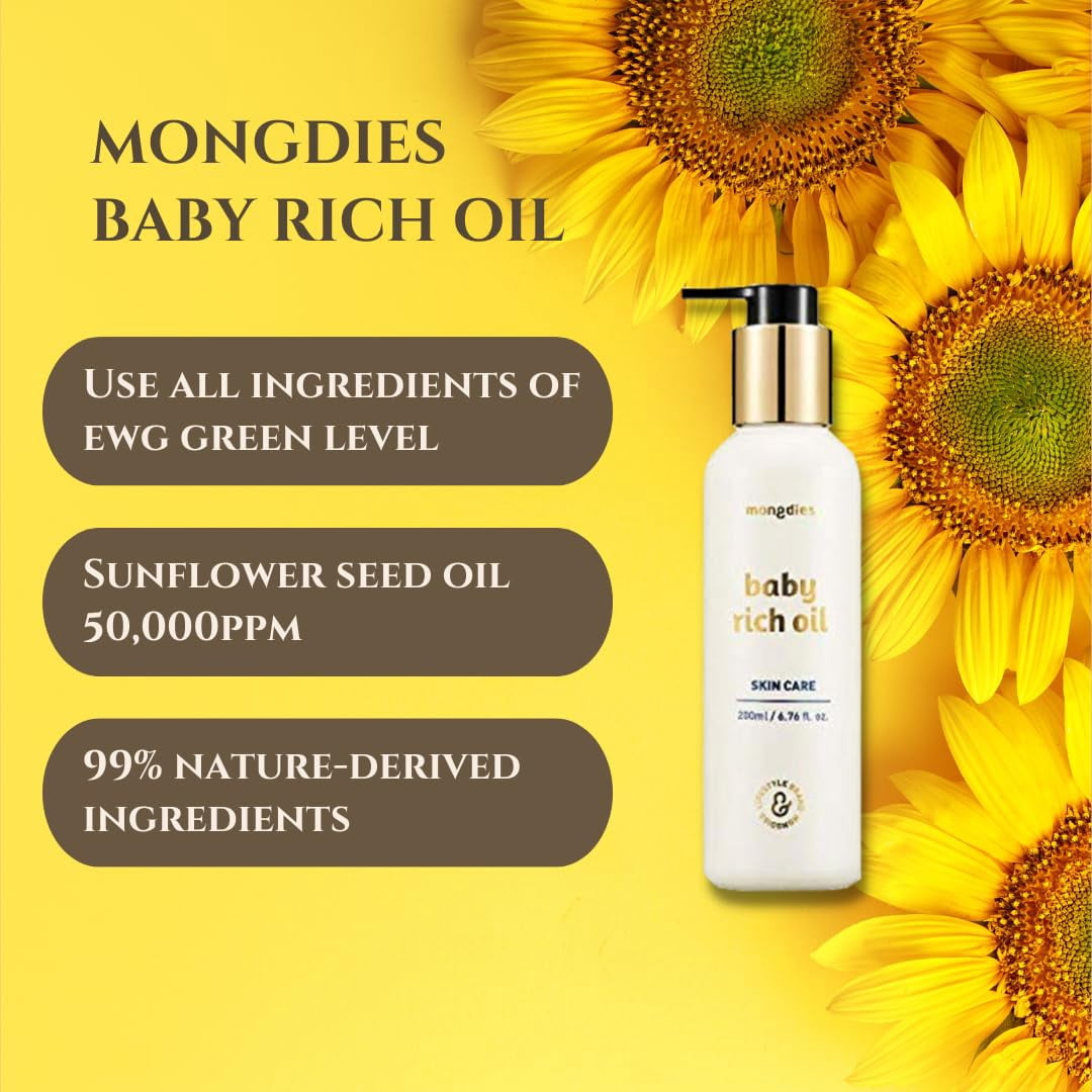 Mongdies Baby Rich Oil | 99.9% Plant-Derived Natural Formula | Lightweight & Non-Sticky Fast Absorption | Deep Hydration & Sebum Balance | Dermatologist Tested | 6.76 fl. oz