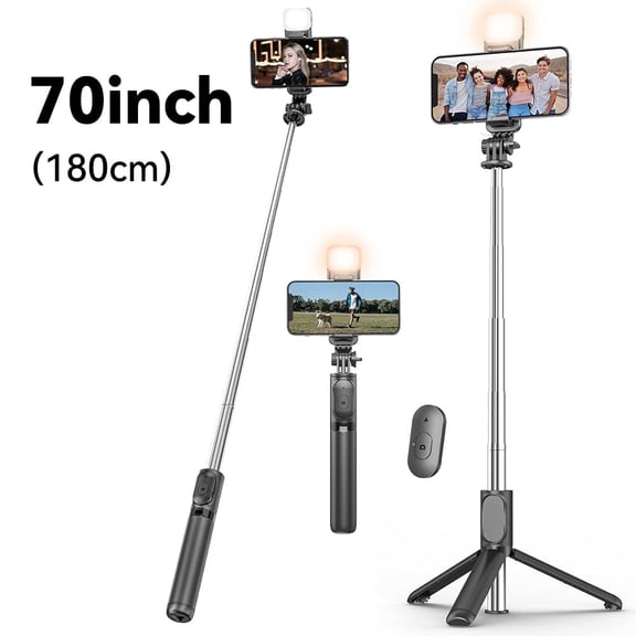 70'' Extendable Selfie Stick Tripod with Light & Wireless Remote, Portable Phone Tripod Stand for iPhone Android, Adjustable Travel Selfie Stick