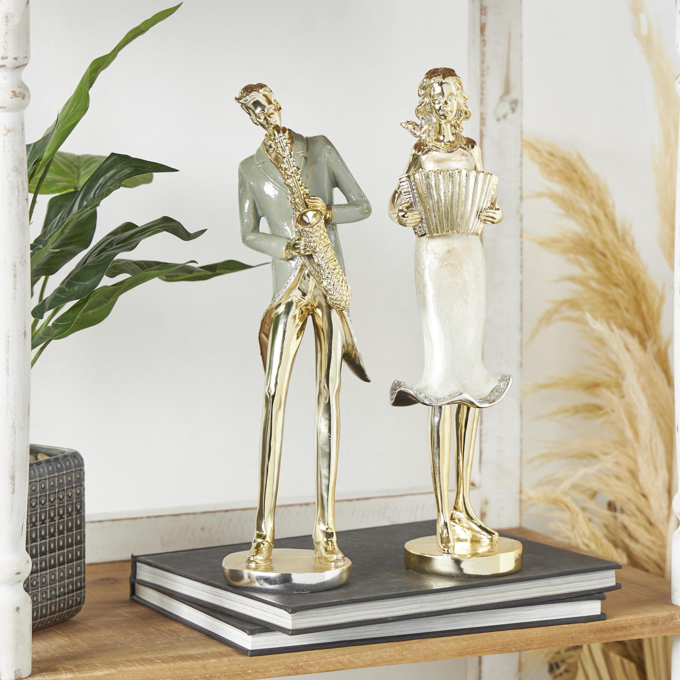 4"W, 14"H Gold Resin Musician Sculpture with Accordion and Saxophone, by DecMode (2 Count)