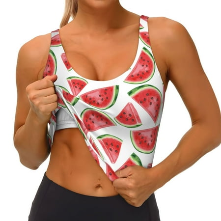 Qokaie Hand Drawn Watermelon Pattern Womens Scoop Neck Sports Bra Breathable Workout Vest Padded U Back Medium Impact Fitness Gym Yoga Bra Workout Crop Top