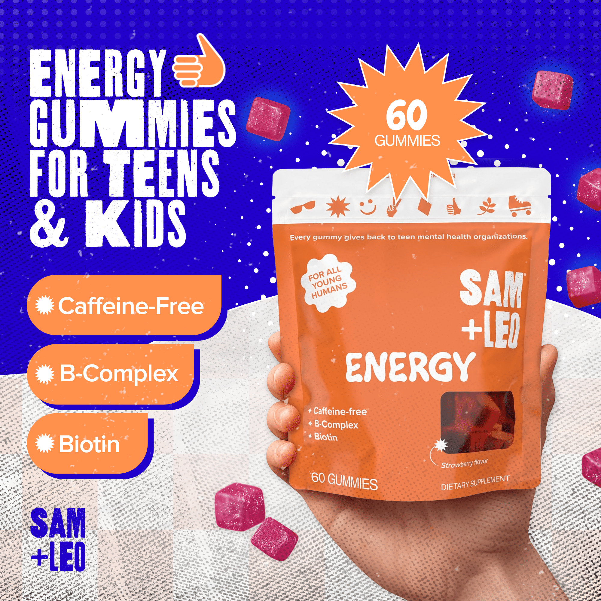 SAM+LEO Vitamin B Complex Gummies with Biotin for Kids & Teens - Caffeine-Free Focus & Energy Support Supplement Gummies | Vegan & Gluten Free Supplement - Strawberry Flavor (60 count)