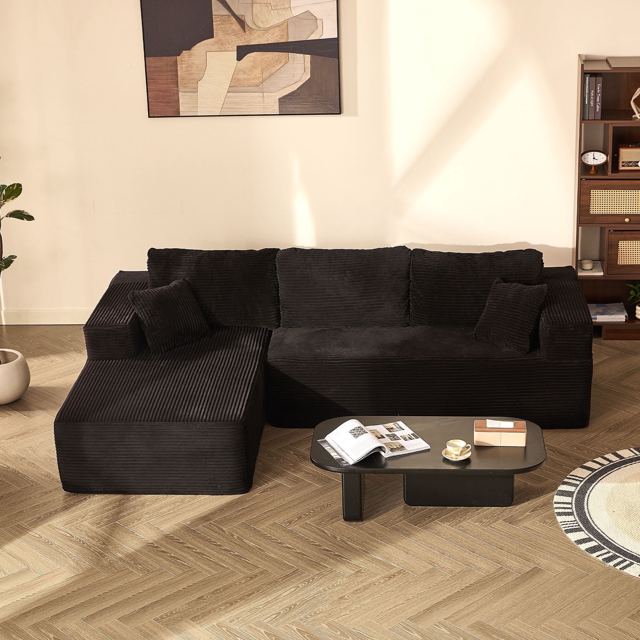 BIGSYY 107" L-Shape Left Corduroy Modular Sofa for Adults, Boneless, Deep Seat, No Assembly, Black (2 Packages)
