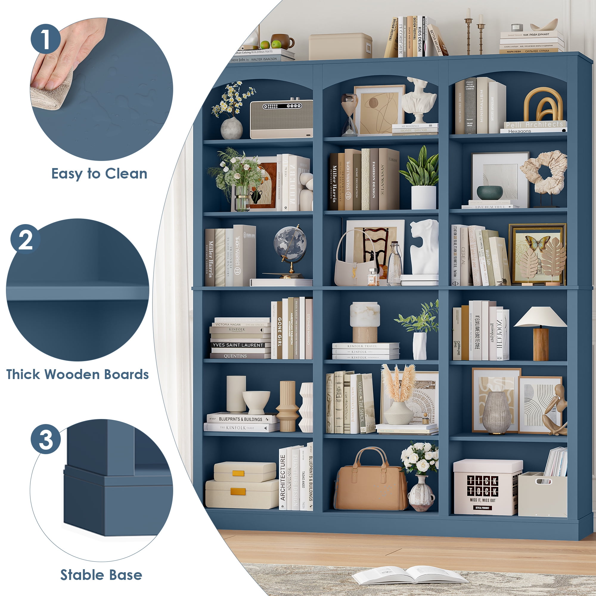 Homfa 18-Cube Bookcase and Bookshelves, 71.2" Triple Width 6-Tier Freestanding Arch Library Cabinet for Home Office Living Room, Blue