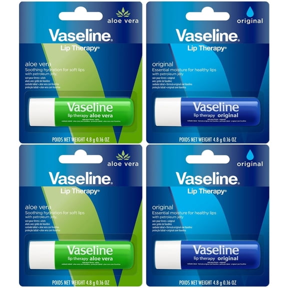 Vaseline Lip Therapy Variety 4-Pack â€“ Cocoa Butter   Aloe Vera Moisturizing Lip Balm with Vitamin E, 0.16 Oz Ea