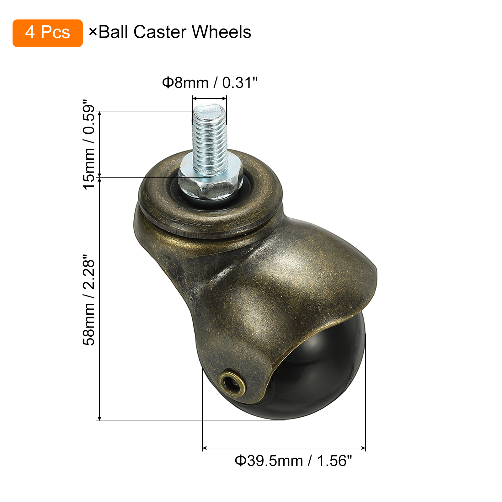 Uxcell 1.5" Ball Caster Wheels, 4 Pcs Threaded Stem Caster 360 Degree Movable Rotatable Caster Wheels for Furniture,bronze