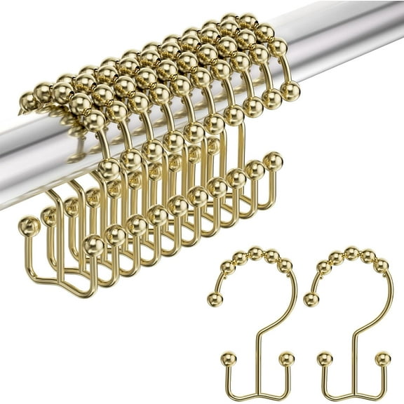 Siloon Gold Shower Curtain Hooks Rings, Stainless Steel Shower Curtain Rings, 12Pcs Double Glide Shower Hooks for Bathroom Shower Curtain Rods Dual Rust-Resistant Shower Rings