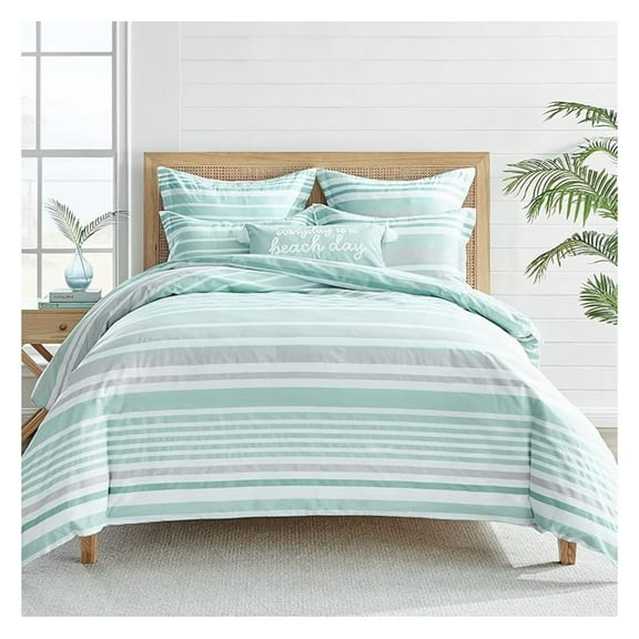 Truro Spa Duvet Cover Set - Full/Queen - 100% Cotton Coastal Stripe - Grey & White Full/Queen Duvet Teal