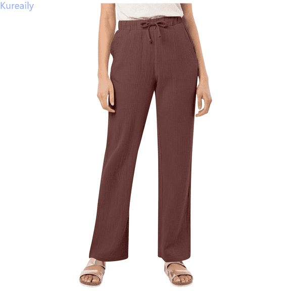 Kureaily Women's Solid Color Cotton Casual Pants With Drawstring Waist And Pleated Linen Blend Trousers Women Lightweight Pants
