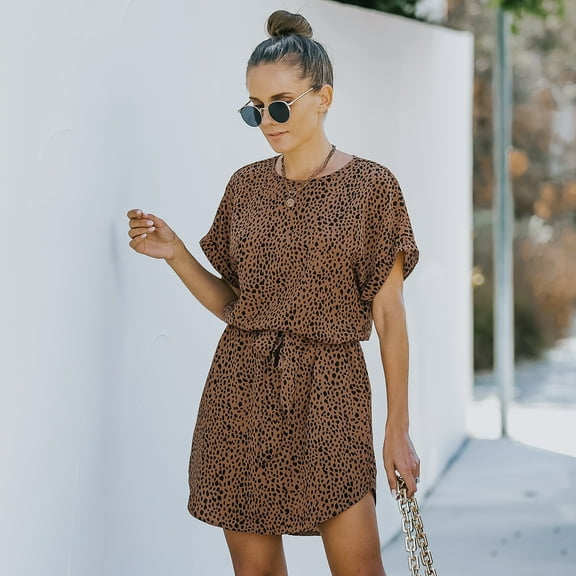 Cheetah Print Round Neck Gartered Waist Casual Shirt Dress for Women